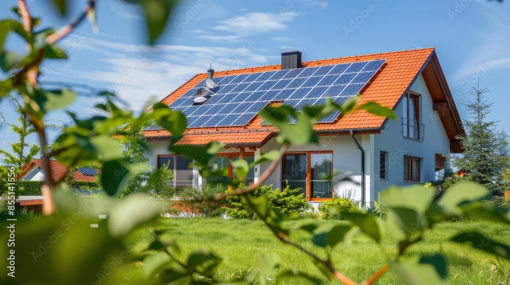 Photovoltaic cells on a suburban house, harnessing solar energy, front view, demonstrating green technology, robotic tone, Analogous Color Scheme Photovoltaic cells on a suburban house, harnessing solar energy, front view, demonstrating green technology, robotic tone, Analogous Color Scheme
