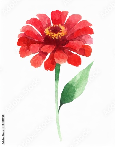 Hand drawn watercolor red zinnia flower isolated on white background