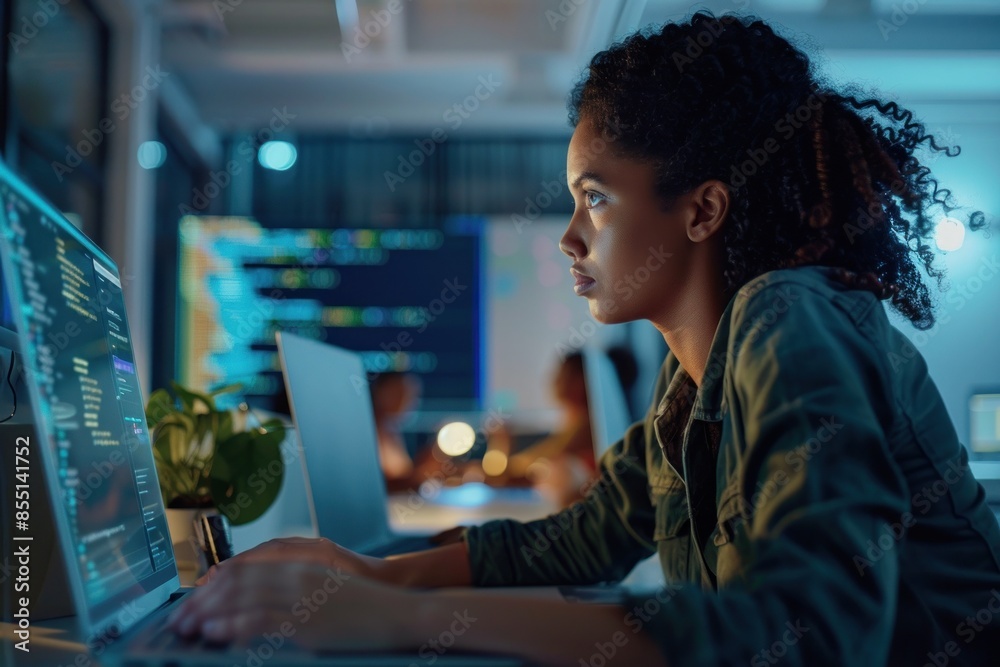 Tech professional working late on computer Tech professional working late on computer