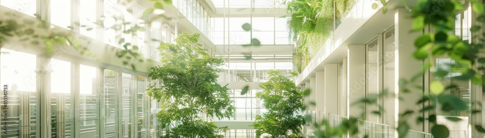 Green atrium in a corporate headquarters, integrating nature and workspaces, side view, emphasizing wellness and sustainability, digital binary as object, colored pastel