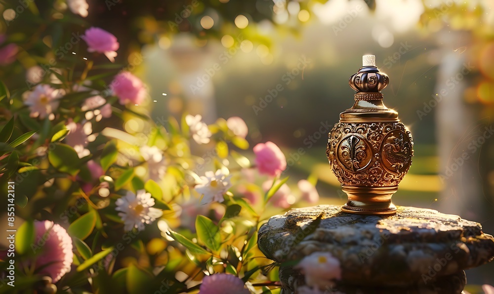 A golden perfume bottle with intricate porcelain designs, elegantly placed on a stone pedestal, surrounded by blooming flowers and greenery A golden perfume bottle with intricate porcelain designs, elegantly placed on a stone pedestal, surrounded by blooming flowers and greenery