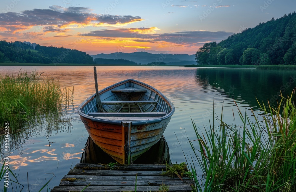 A Small Boat Docked at a Lake During Sunset A Small Boat Docked at a Lake During Sunset