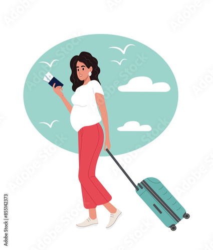 Young pregnant woman, tourist on vacation with suitcase Airplane trip, flight during pregnancy. Summer holiday background.
