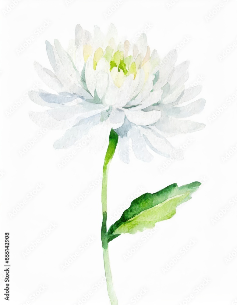 Hand drawn watercolor white chrysanthemum flower isolated on white background
