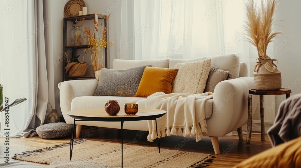 A contemporary living room with cozy decor, including a comfortable sofa A contemporary living room with cozy decor, including a comfortable sofa