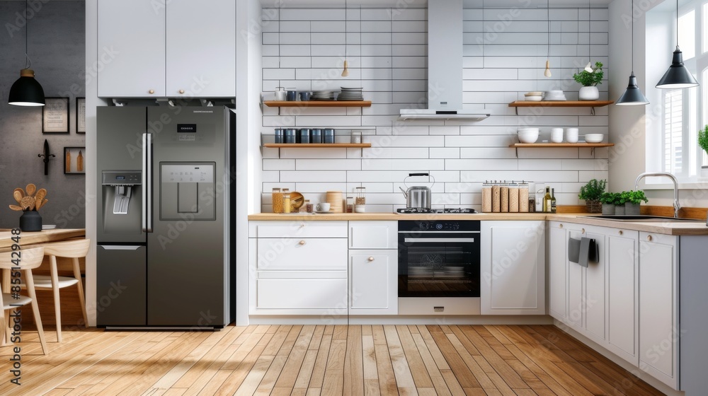 Fototapeta premium A kitchen with modern appliances, including a sleek refrigerator, stove, and microwave