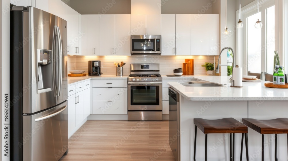 A kitchen with modern appliances, including a sleek refrigerator, stove, and microwave A kitchen with modern appliances, including a sleek refrigerator, stove, and microwave
