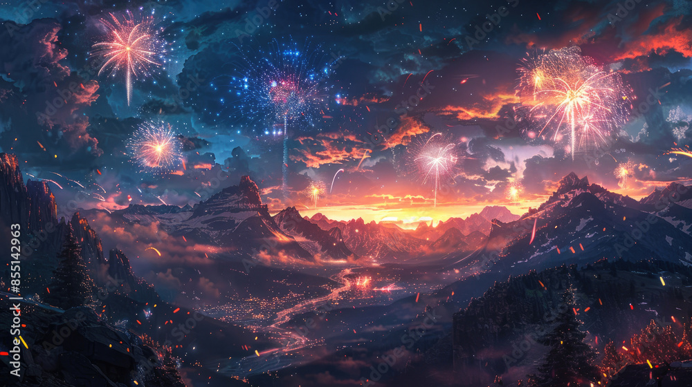 Fototapeta premium Majestic mountain landscape illuminated by vibrant fireworks in a stunning night sky, creating a magical and festive atmosphere.