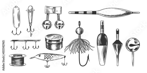 Set of fishing hooks, floats. Sketch style fishing bells, fishing line. Engraved illustrations of fishing equipment