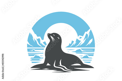 Seal. Sea lion on an ice floe. Logo. arctic, north. Vector illustration, emblem, isolated object. 