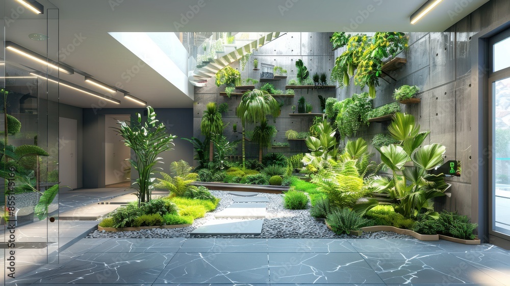 custom made wallpaper toronto digitalGreen atrium in an urban building, lush indoor garden, front view, promoting biophilic design, cybernetic tone, Triadic Color Scheme