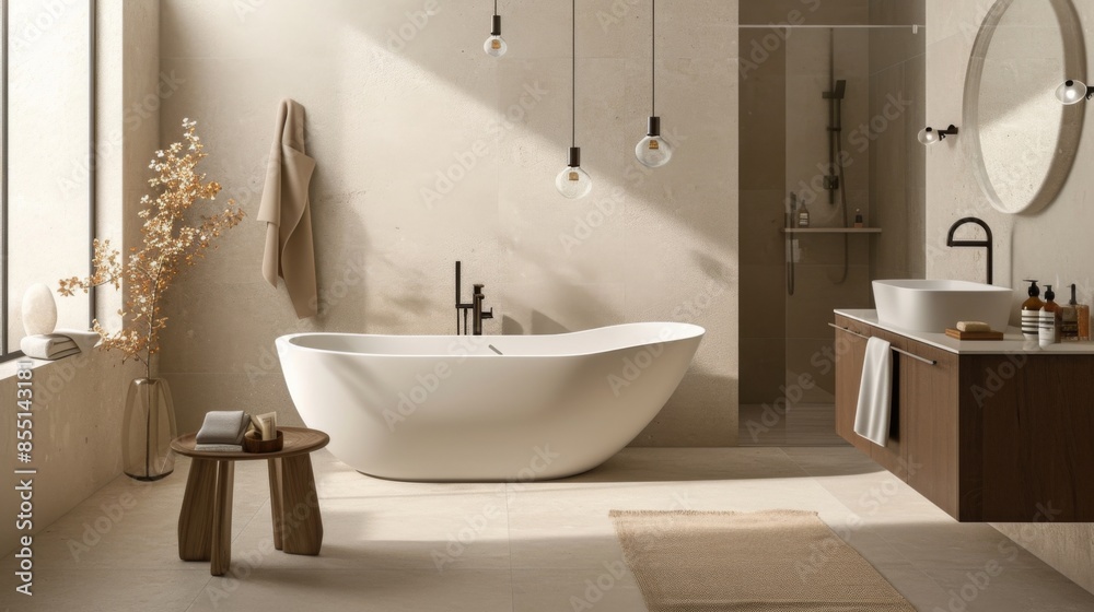 A modern bathroom with a clean design, featuring a sleek bathtub, stylish fixtures, and minimalist decor A modern bathroom with a clean design, featuring a sleek bathtub, stylish fixtures, and minimalist decor