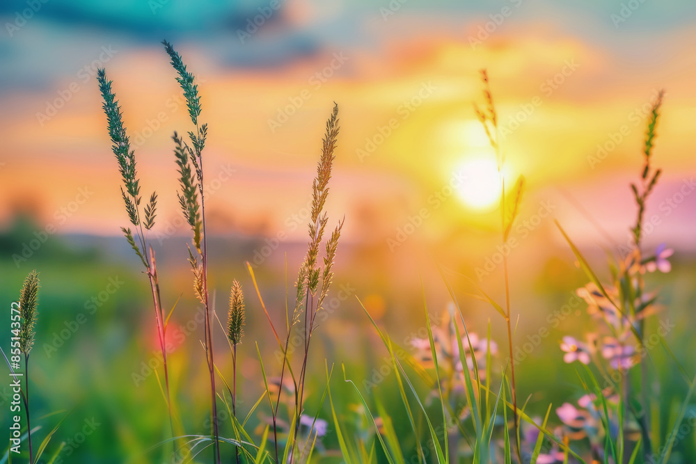 Sundown casting hues over grassy landscape end of the day Sundown casting hues over grassy landscape end of the day