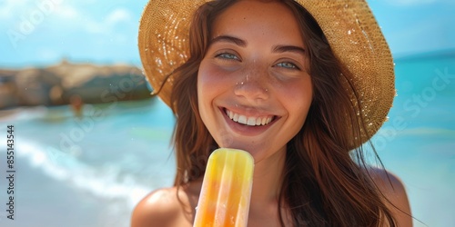 Happy Woman Enjoying Summer Ice Cream on Beach