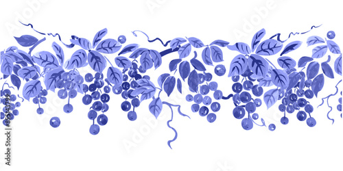 horizontal seamless border with monochrome blue clusters of grap