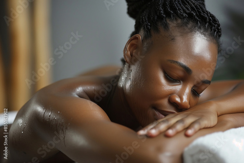 A Black woman with braided hair relaxes during a spa treatment. Her skin is glowing and she has a serene expression. She is lying on a white towel with her head resting on her arm