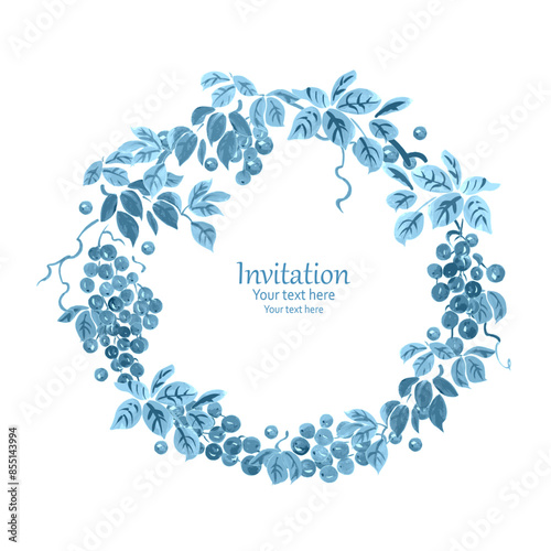 card with monochrome blue wreath of bunches of grapes with leave