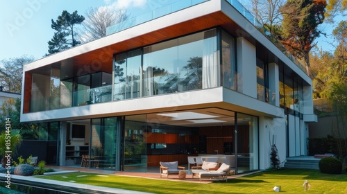 Energyefficient glazing in a modern home, maximizing natural light, side view, showcasing sustainable architecture, futuristic tone, Tetradic color scheme © kitidach