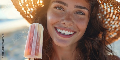 Happy Woman Enjoying Summer Ice Cream on Beach