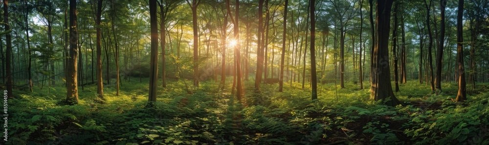 Fototapeta premium Sunlight Filtering Through Tall Trees in a Lush Green Forest at Dawn