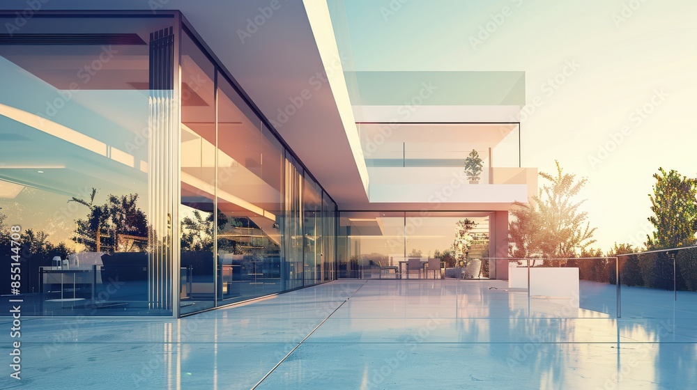 Obraz premium Energyefficient glazing in a modern home, maximizing natural light, side view, showcasing sustainable architecture, futuristic tone, Tetradic color scheme