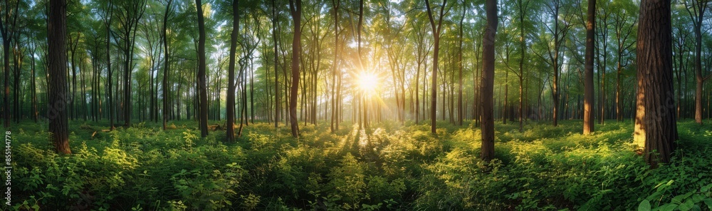 Fototapeta premium Sunlight Filtering Through Tall Trees in a Lush Green Forest at Dawn