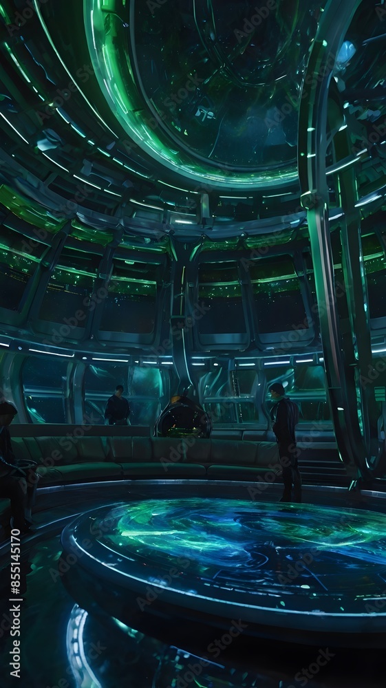 Obraz premium A detailed painting of a bioluminescent starship brig, blending futuristic technology and nature, creating an immersive and mesmerizing experience.
