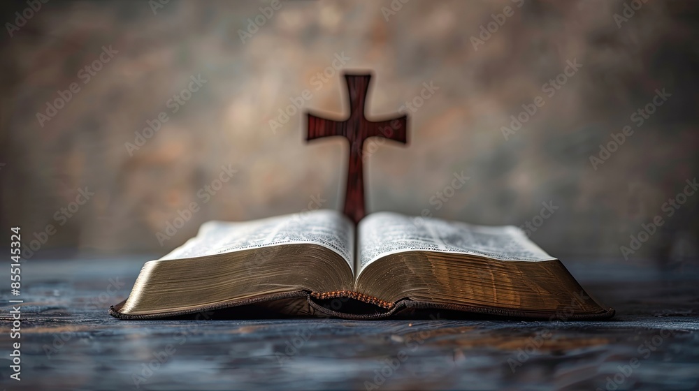 an open Bible with a wooden cross on a black background, bathed in sparkling light from above, resting on an old table with ample space for text.