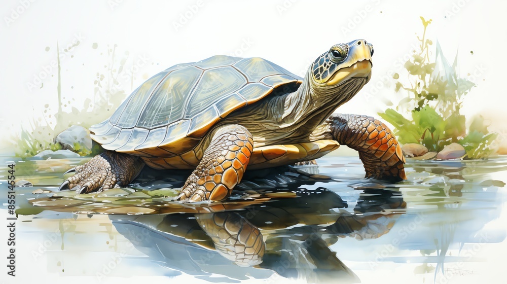 A watercolor painting of a sea turtle swimming in the ocean. A watercolor painting of a sea turtle swimming in the ocean.
