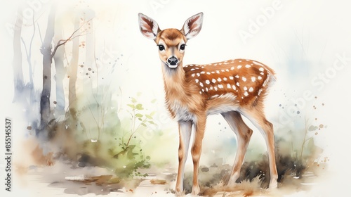 Watercolor painting of a cute fawn in the forest.