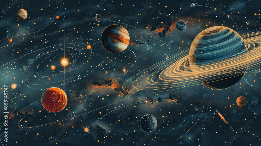 Colorful illustration of the solar system showing planets orbiting around the sun Colorful illustration of the solar system showing planets orbiting around the sun
