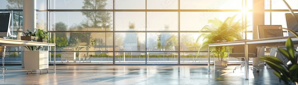 Naklejka premium Energyefficient glazing in a contemporary office, reducing energy consumption, front view, highlighting advanced window technology, advanced tone, vivid