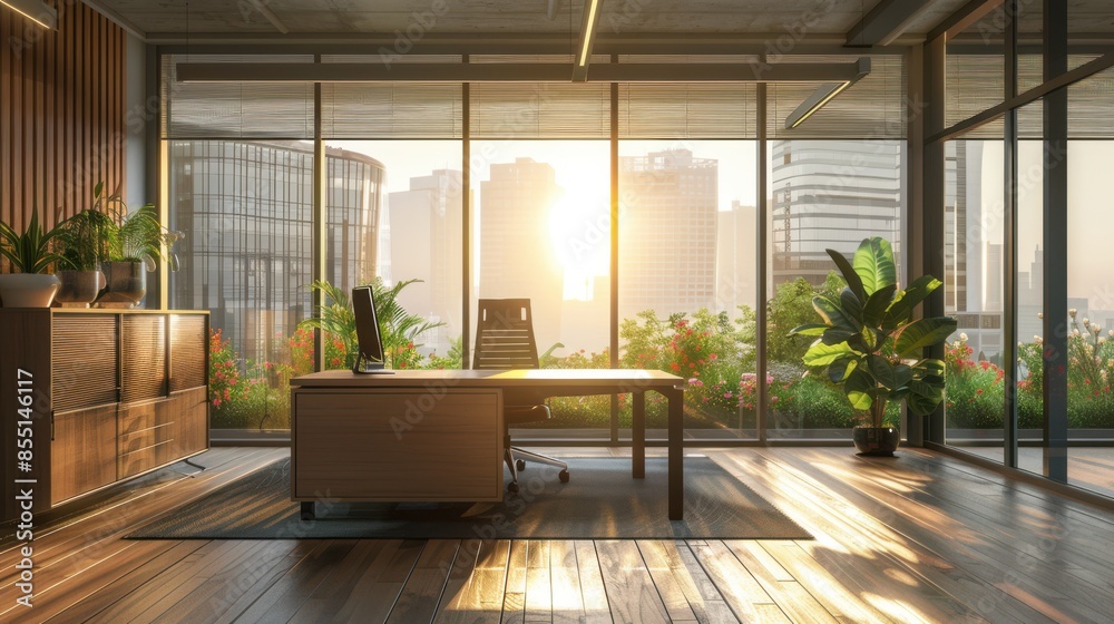 Fototapeta premium Energyefficient glazing in a contemporary office, reducing energy consumption, front view, highlighting advanced window technology, advanced tone, vivid