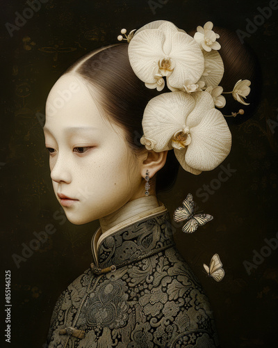 Abstract Neo-Surrealist Art Ethereal Woman's Face Merged with Nature Elements, Featuring Bold Orange Sun and Delicate Grass Strokes , Japanese art for a Contemporary Artistic Statement Wallpaper