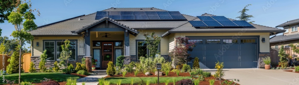 Obraz premium Photovoltaic cells on a suburban house, harnessing solar energy, front view, demonstrating green technology, robotic tone, Analogous Color Scheme
