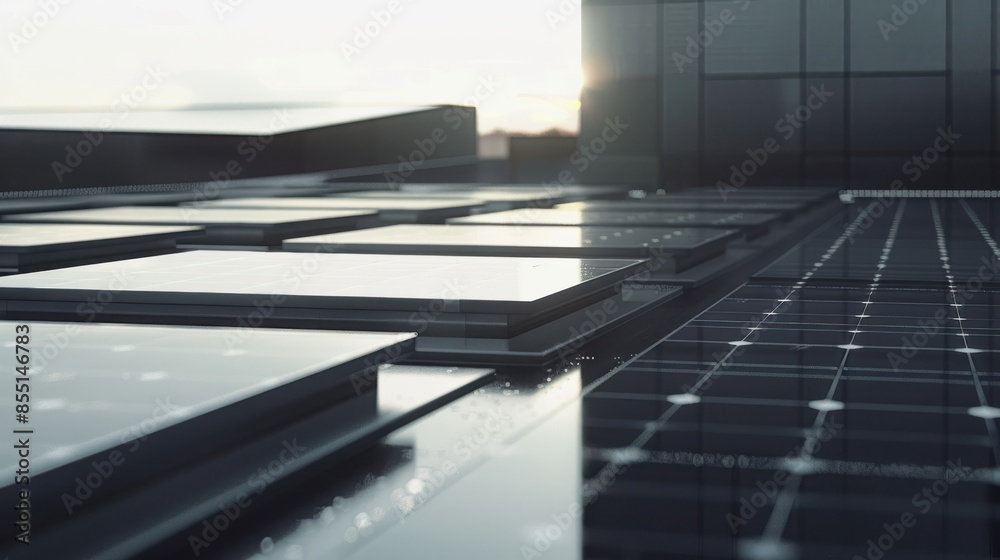 Obraz premium Photovoltaic cells on a sleek rooftop, generating solar power, top view, emphasizing renewable energy solutions, technology tone, Monochromatic Color Scheme