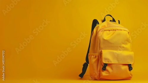 School backpack on desk isolated on yellow background