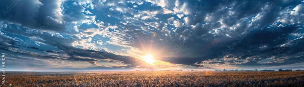 This image captures a stunning sunrise over a vast field, with dramatic clouds and golden light illuminating the landscape.
