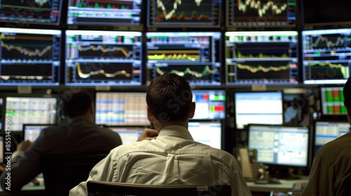 Traders analyzing real-time data on multiple screens in a busy stock market trading floor.