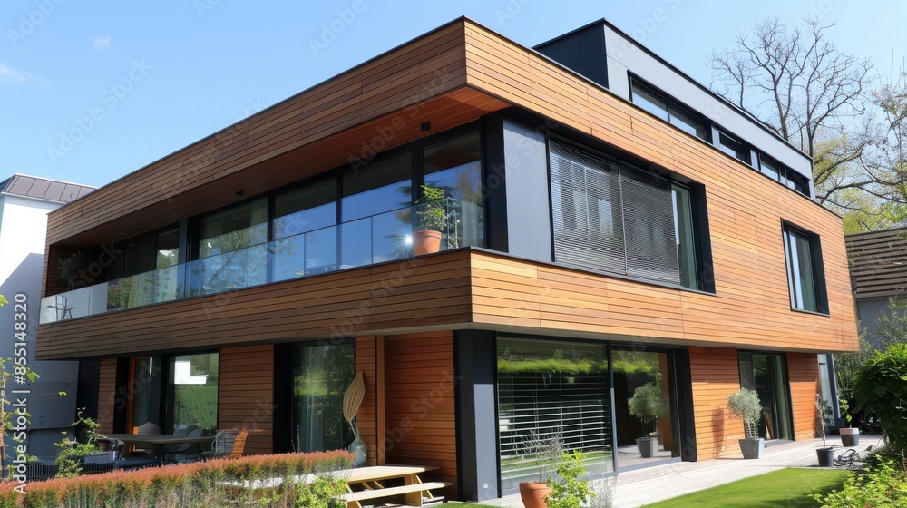 Timber cladding on a modern house, enhancing natural aesthetics, side view, showcasing sustainable materials, scifi tone, Complementary Color Scheme Timber cladding on a modern house, enhancing natural aesthetics, side view, showcasing sustainable materials, scifi tone, Complementary Color Scheme