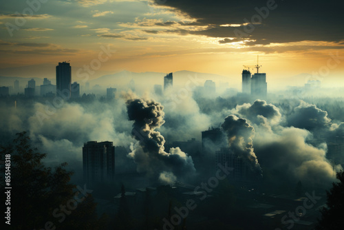 Smoke-filled city skyline with air pollution at sunset