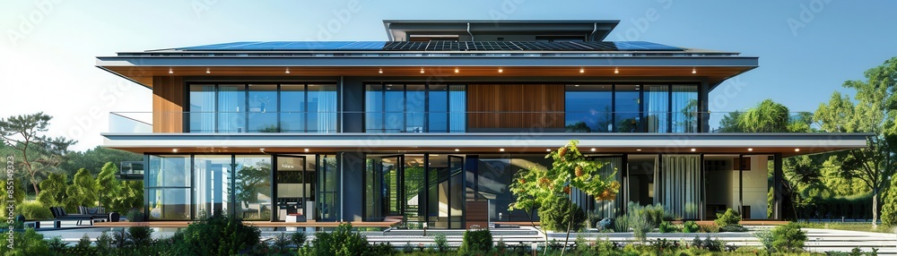 Integrated photovoltaic glass on a contemporary home Integrated photovoltaic glass on a contemporary home