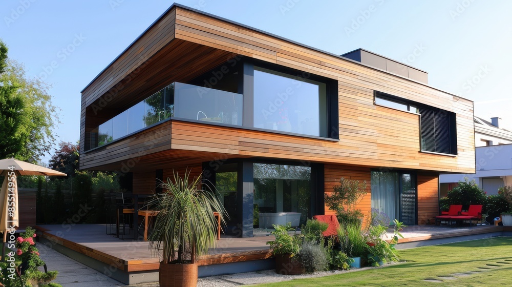 Fototapeta premium Timber cladding on a modern house, enhancing natural aesthetics, side view, showcasing sustainable materials, scifi tone, Complementary Color Scheme