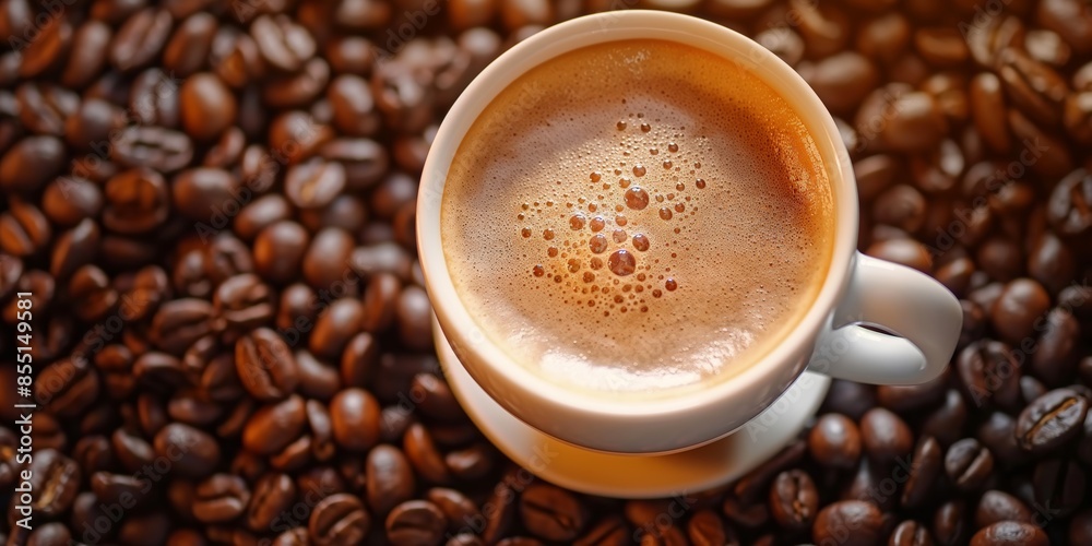 Fototapeta premium Close-up view of a foamy coffee cup surrounded by roasted coffee beans