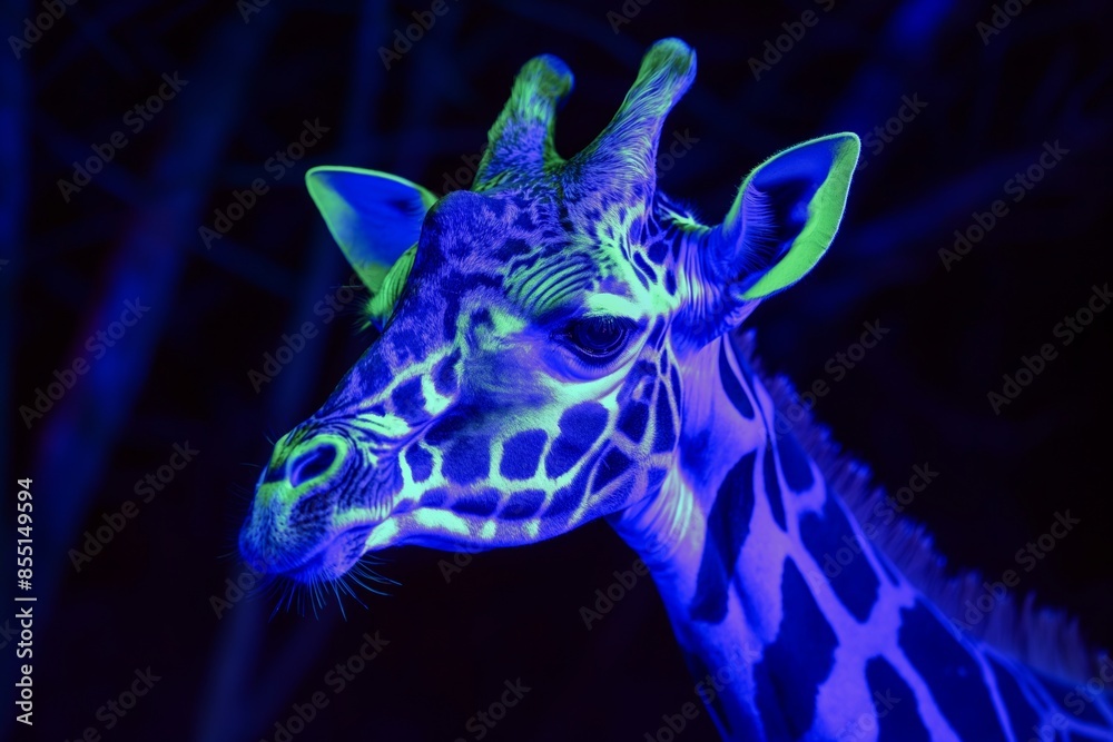 Obraz premium A giraffe illuminated with blue neon lighting, creating a surreal wildlife scene