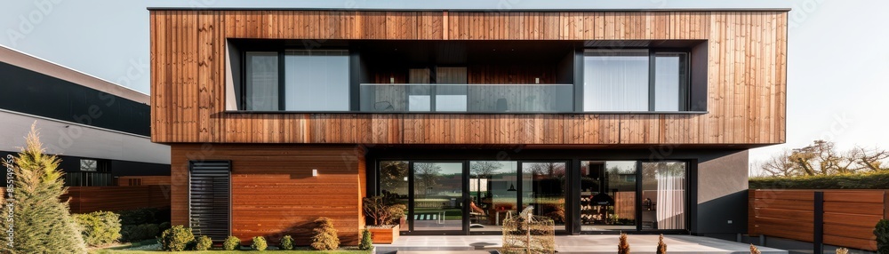 Timber cladding on a modern house, enhancing natural aesthetics, side view, showcasing sustainable materials, scifi tone, Complementary Color Scheme Timber cladding on a modern house, enhancing natural aesthetics, side view, showcasing sustainable materials, scifi tone, Complementary Color Scheme