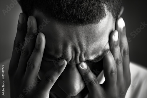 A black and white close-up of a person holding their head, showing a concept of stress or headache © StockUp