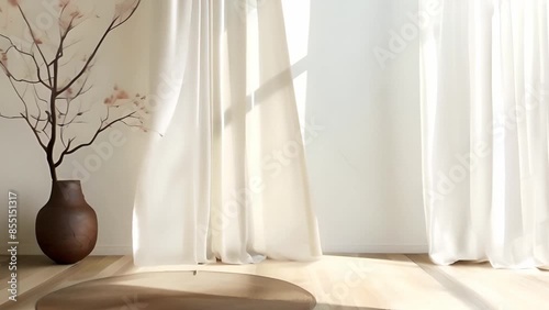 White curtains blowing gently in a room with sunlight