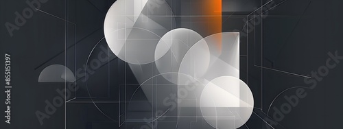 Abstract 3D translucent geometric shapes with dark background, minimalistic and modern design
