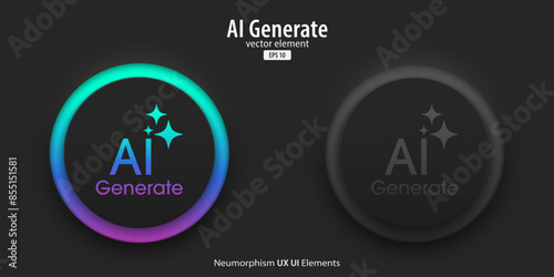 Generative AI buttons. A set of active and inactive black buttons with Generate AI symbols. Artificial intelligence learning technology concept. Neumorphism style, UI UX design, Vector illustration.
